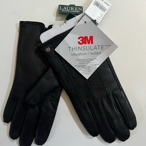 Lauren Ralph Lauren Black Leather Gloves; L; New
